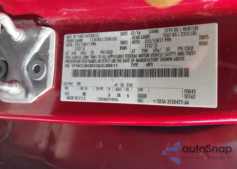 2016 Ford Escape Se from USA, damaged, VIN 1FMCU9G9XGUC49611